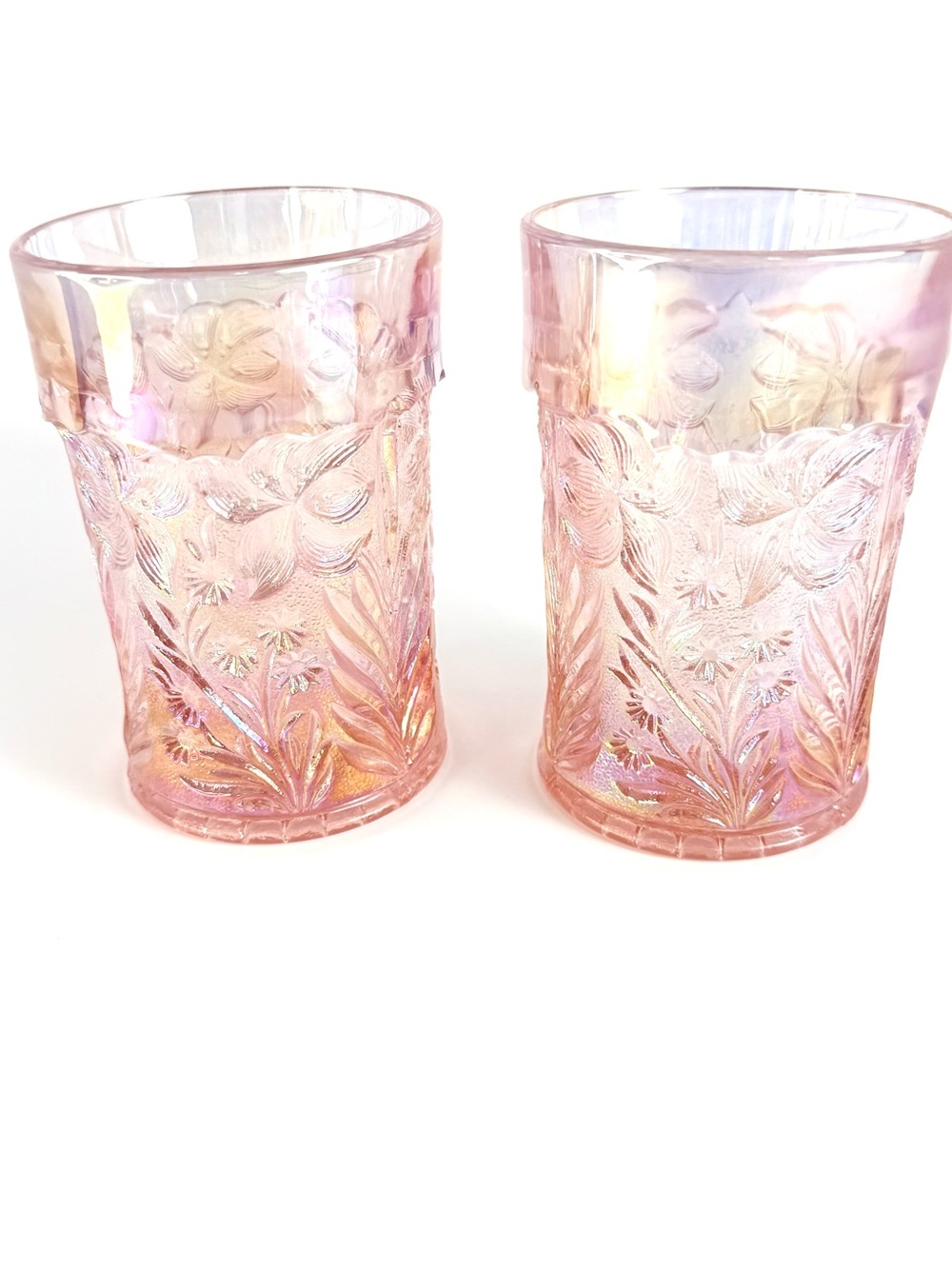 Vintage TIGER LILY IMPERIAL PINK 2 Tumblers REVIVAL CARNIVAL GLASS 9 Oz LENNOX